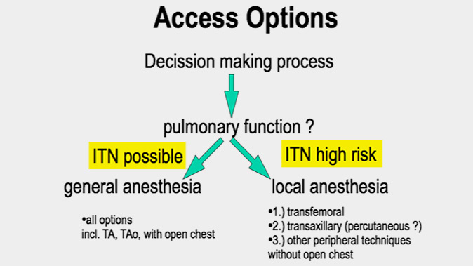 Alternative access, if transfemoral is not working : Figure 2, other “peripheral” transvascular approaches allow for analgosedation and/or local anesthesia, only