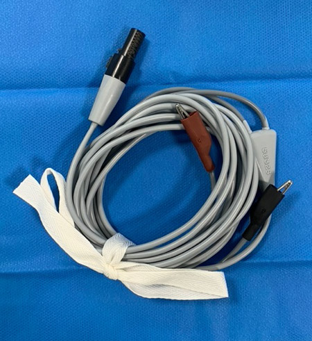 Alligator clips (sterile) to connect pulse generator to guidewire and patient.