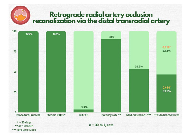 Figure : Important study endpoints. RAO = radial artery occlusion; MACCE = major adverse cardiac and cerebrovascular events; CTO = chronic total occlusion. Source: Journal of Clinical Medicine 
