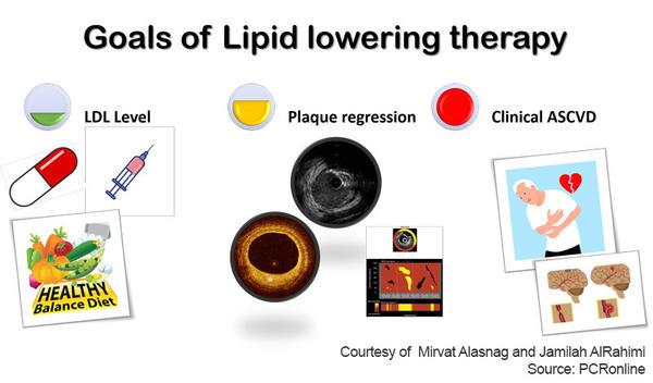 Figure 1: Goals of Lipid lowering therapy - Courtesy of  Mirvat Alasnag and Jamilah AlRahimi