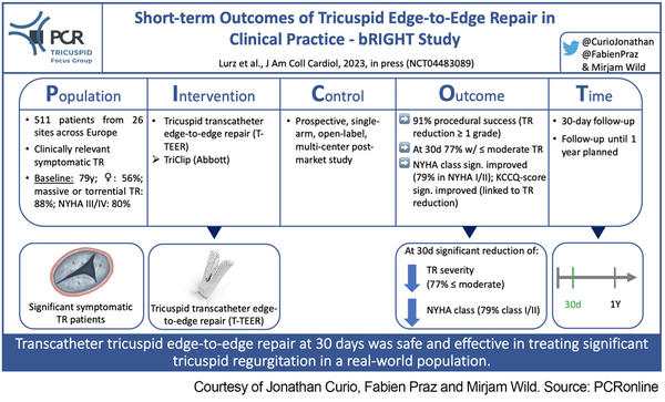 Transcatheter tricuspid edge-to-edge repair at 30 days was safe and effective in treating significant tricuspid regurgitation in a real-world population.