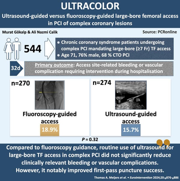 Ultrasound-guided versus fluoroscopy-guided large-bore femoral access in PCI of complex coronary lesions: the international, multicentre, randomised  ULTRACOLOR Trial